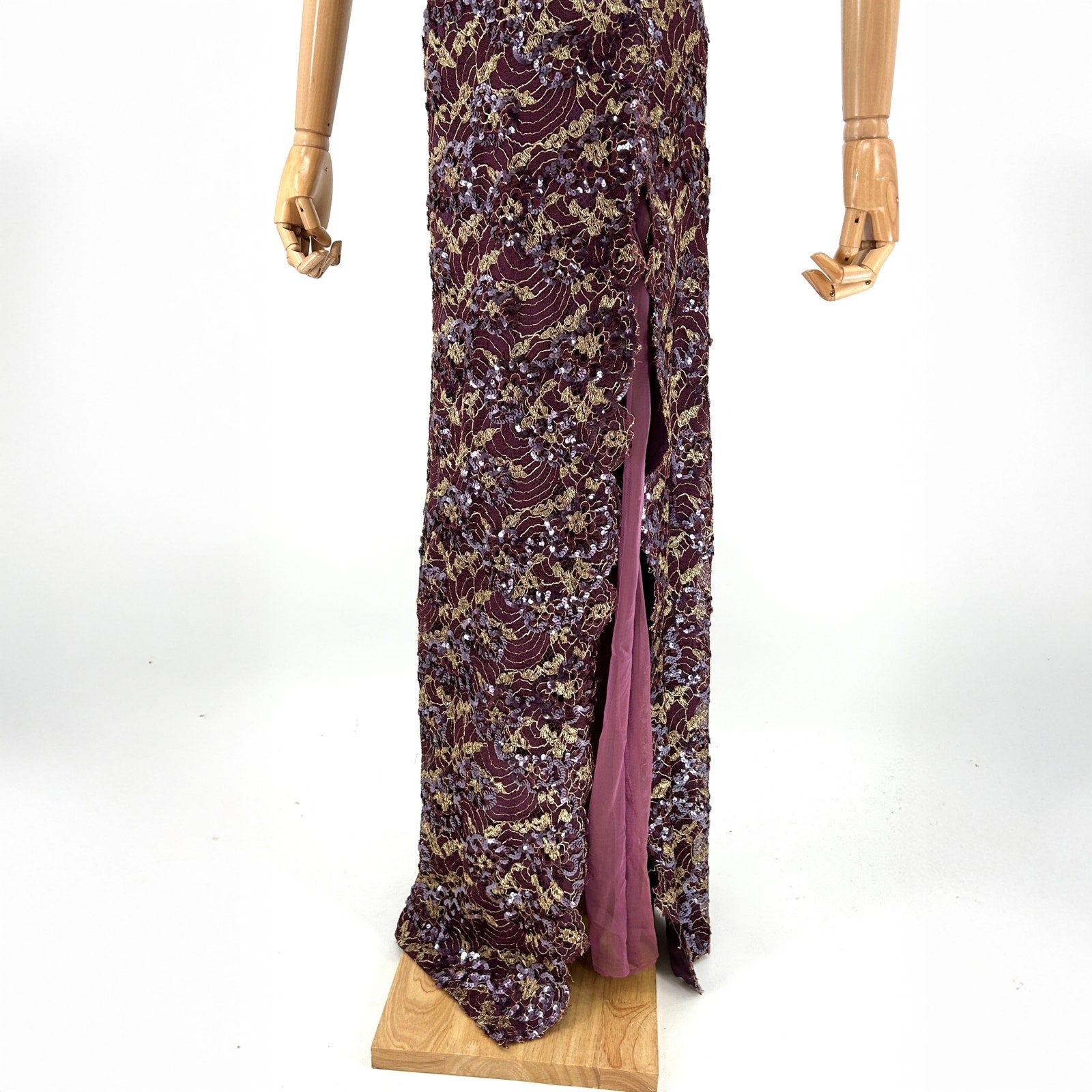 Vintage 90s Tosca New York Purple Gold Lace Silk Sequin Gown
