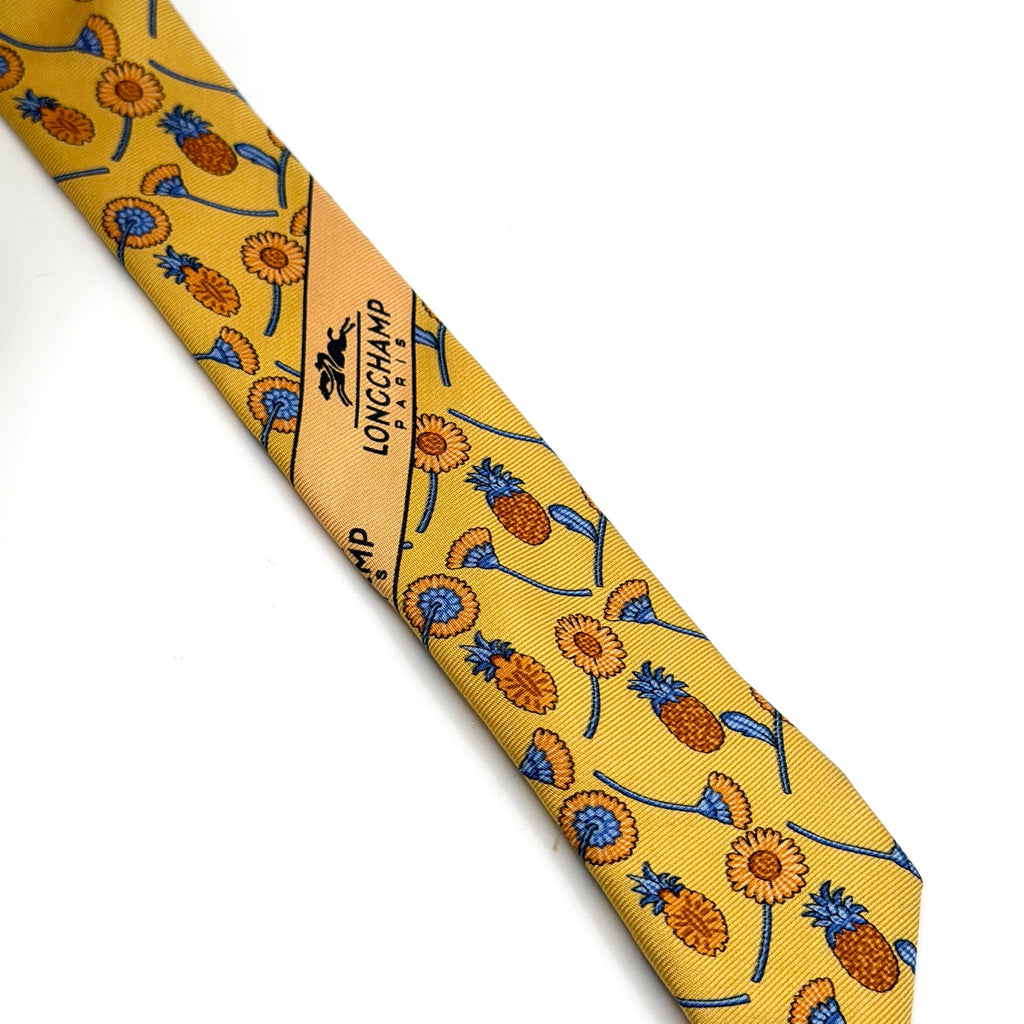 Longchamp Paris Yellow Silk Pineapple Sunflower Print Necktie