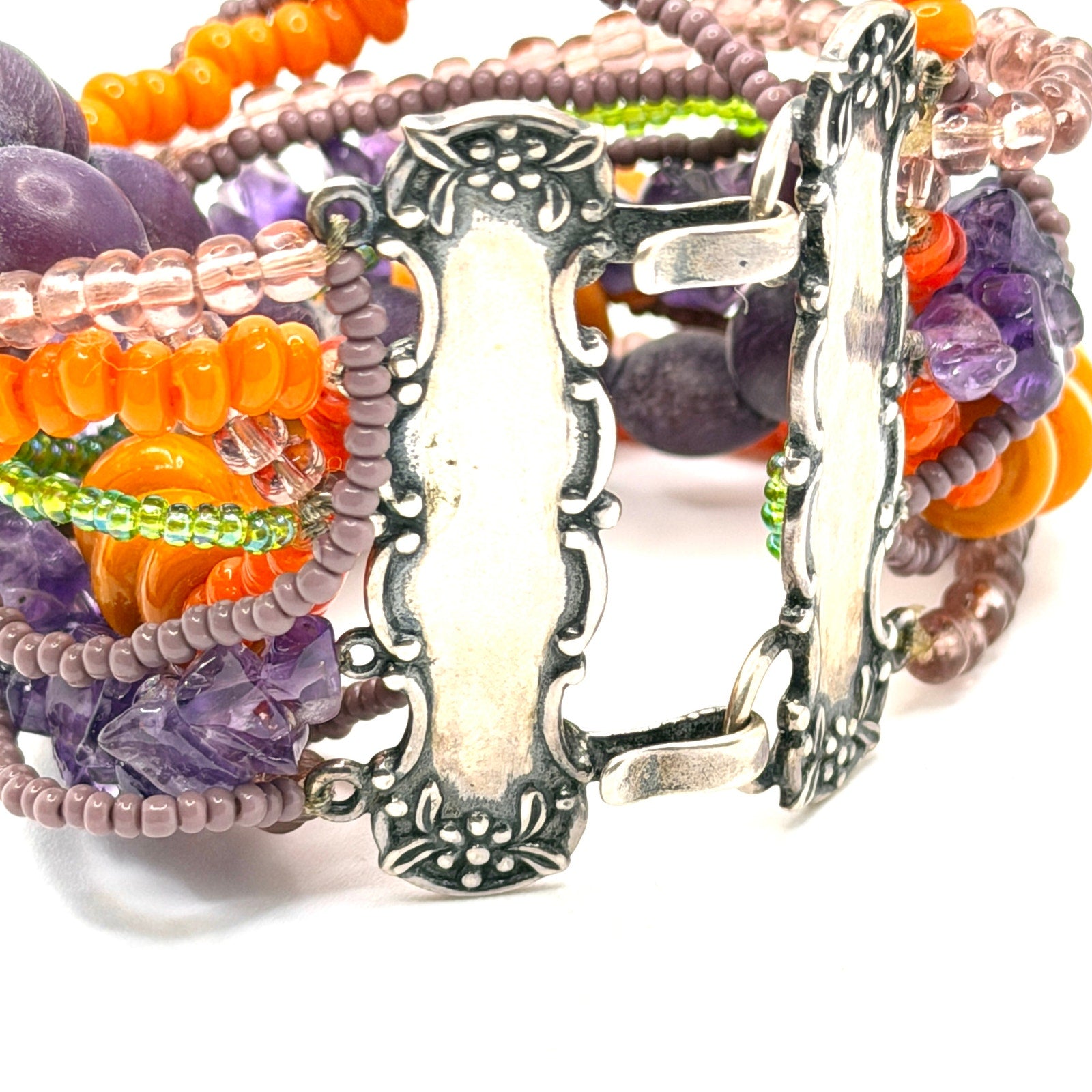 Vintage 90s Signed Foree Purple Orange Sterling Silver Boho Maximalist Bracelet