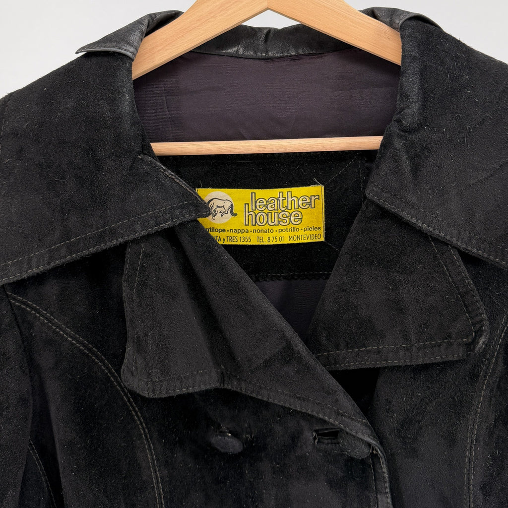 Vintage 70s Leather House Black Genuine Leather Suede Double Breasted Coat