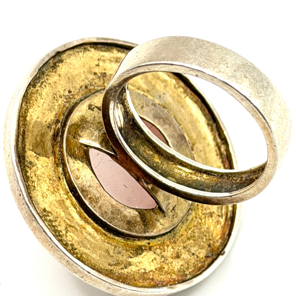 Vintage 90s Sterling Silver Pink Rose Quartz Dot Shield Statement Ring