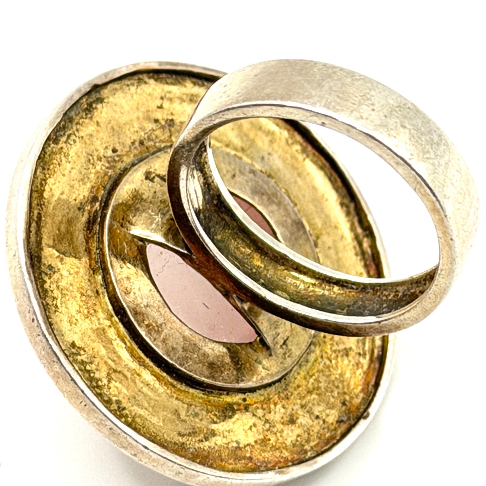 Vintage 90s Sterling Silver Pink Rose Quartz Dot Shield Statement Ring