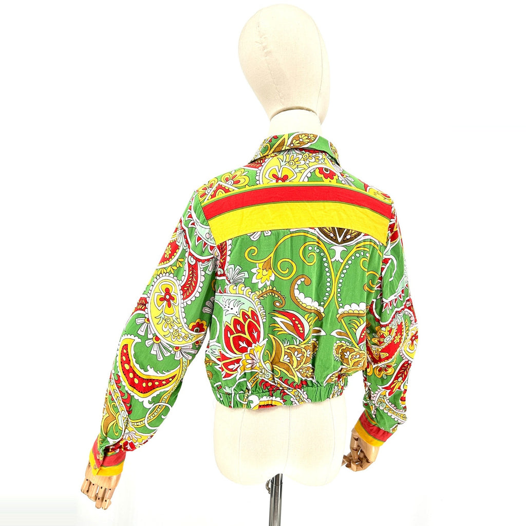 Haute Hippie Green Yellow Paisley Silk Wrap Front Tie Crop Top Blouse