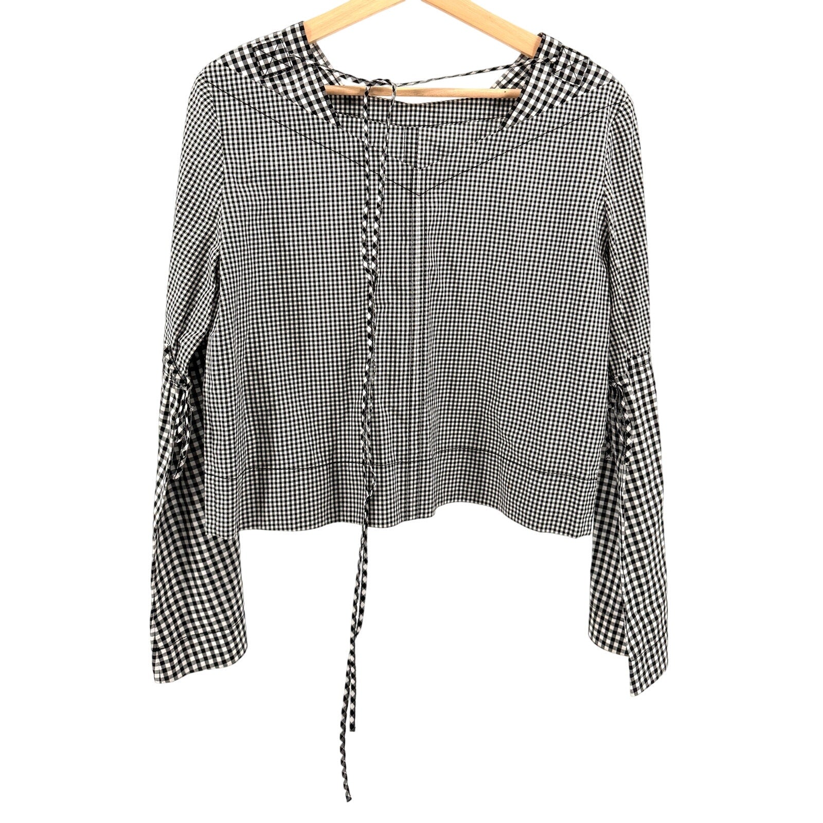 Derek Lam 10 Crosby Black White Gingham 100% Cotton Tie Detail Blouse