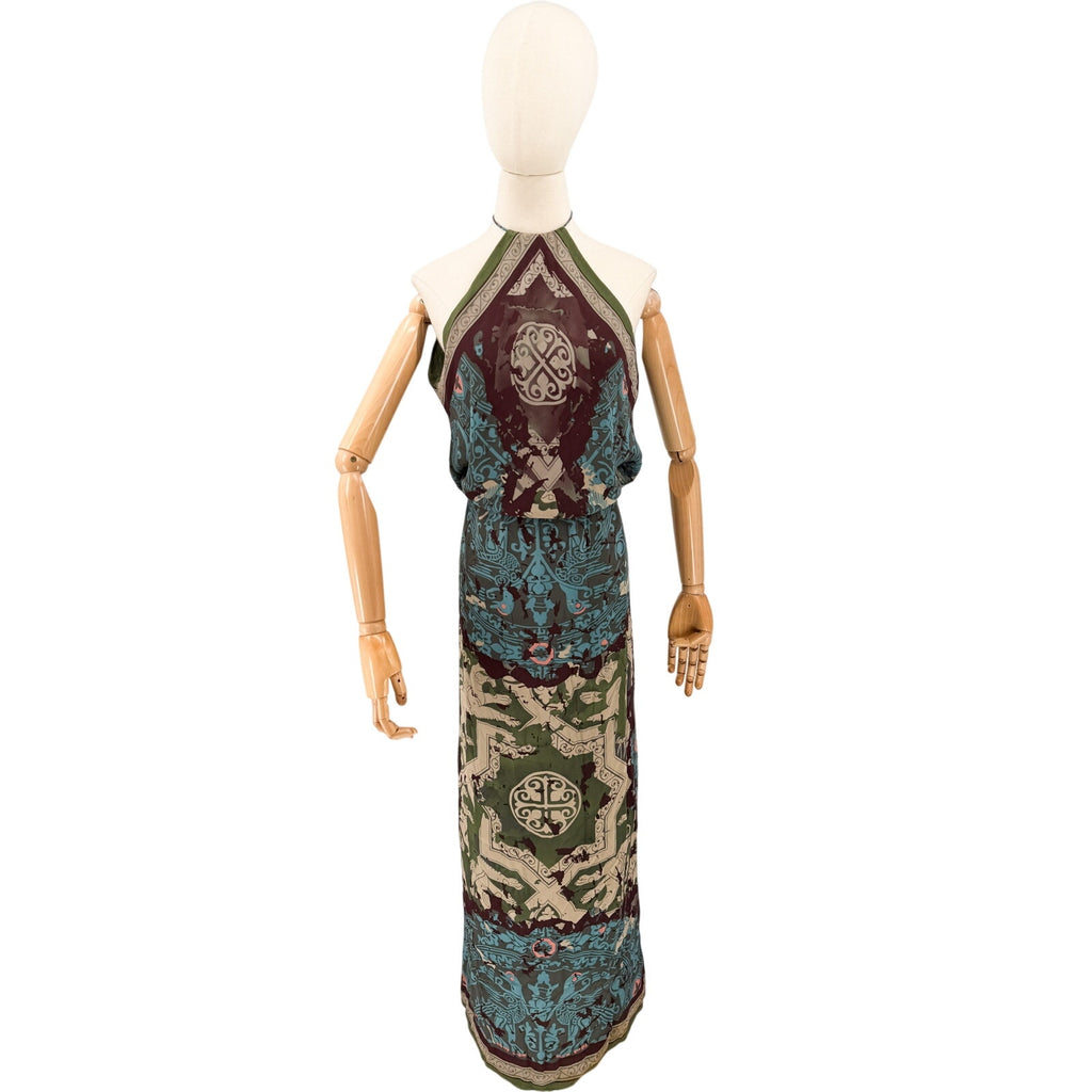 Vintage Y2K Nicole Miller Green Purple 100% Silk Geometric Halter Maxi Dress