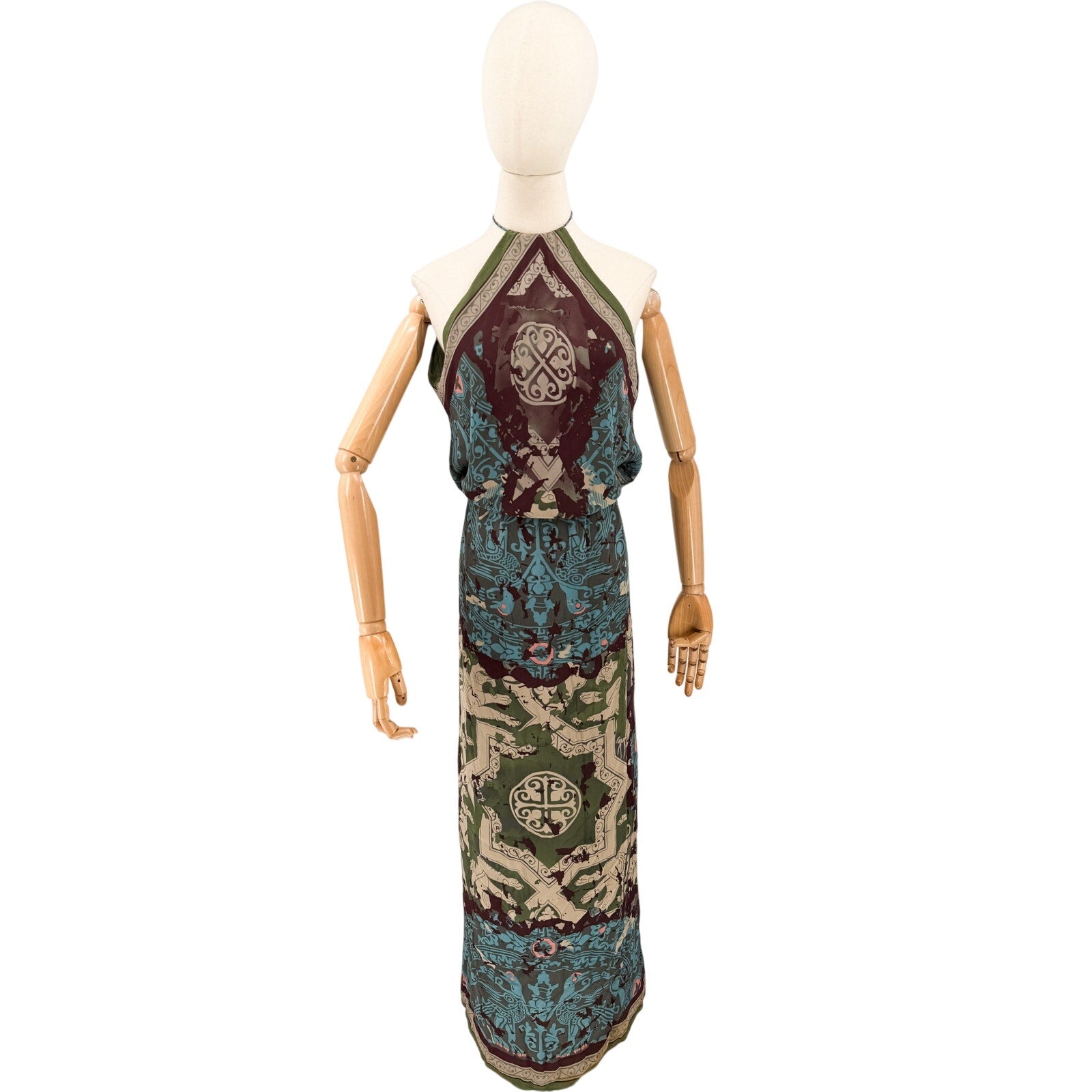Vintage Y2K Nicole Miller Green Purple 100% Silk Geometric Halter Maxi Dress