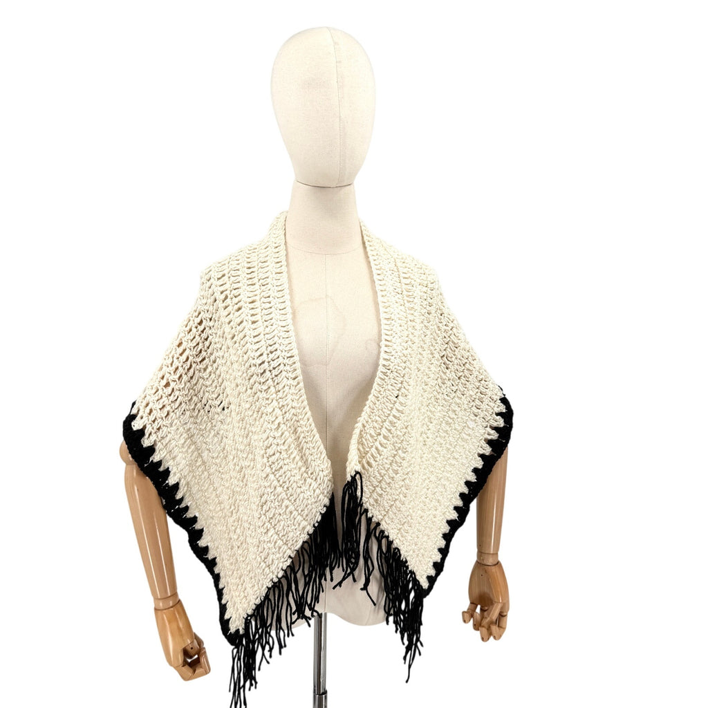 Vintage 80s Cream Black Handmade Crochet Knit Scalloped Trim Fringe Shawl