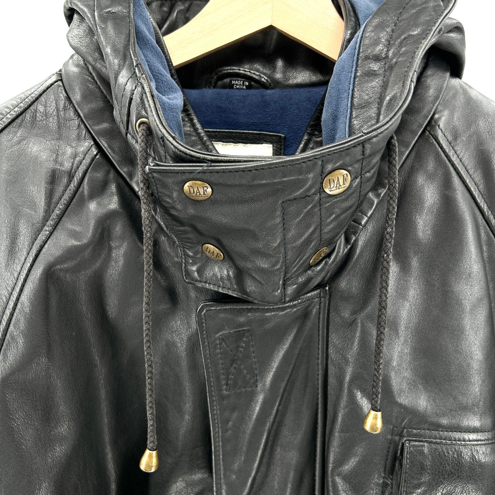 Vintage 90s DAF David Fahren Black Genuine Leather Hooded Bomber Jacket