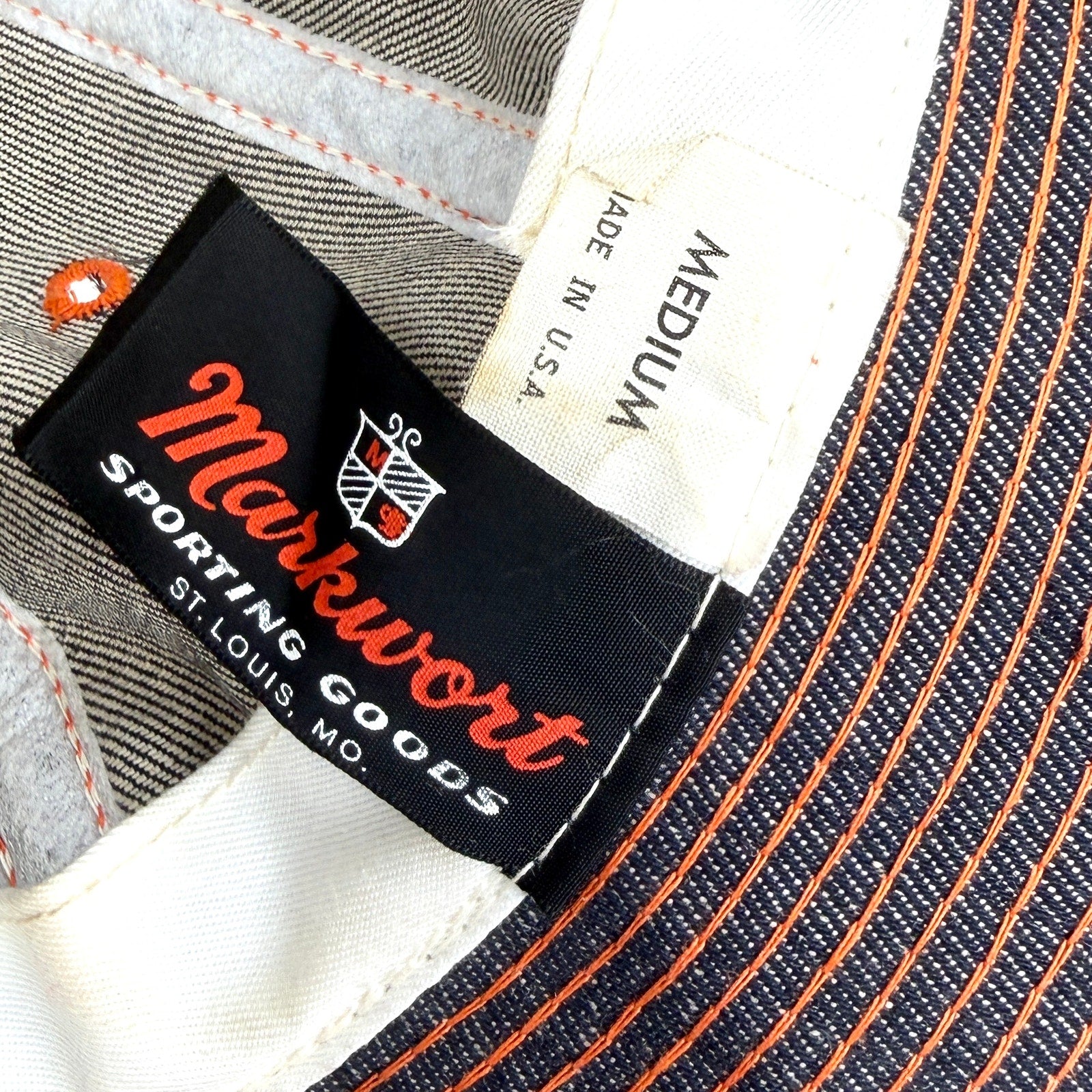 Vintage 80s Markwort Dark Blue Denim Orange Stitch Bucket Hat