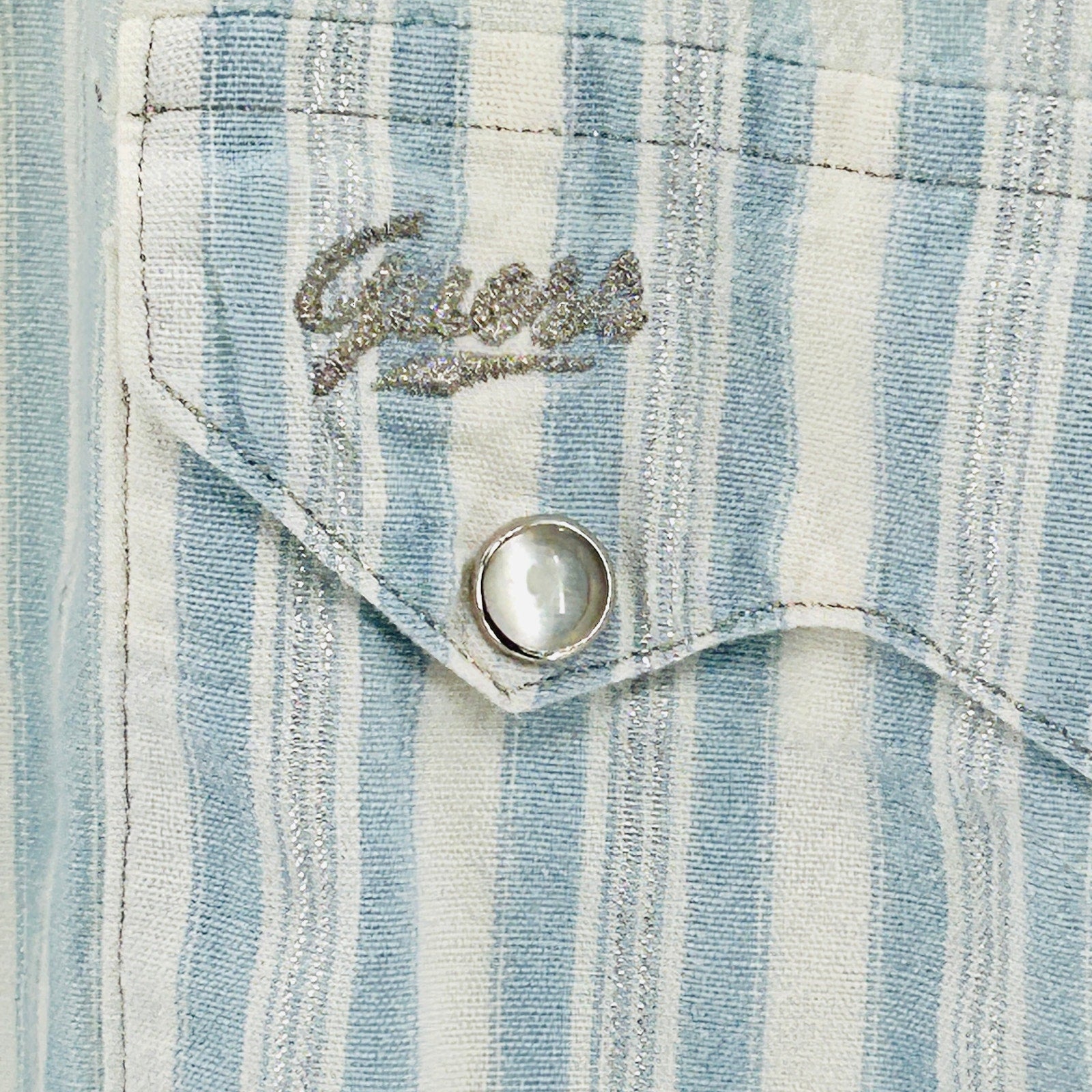 Vintage 80s Guess Jeans Light Blue White Striped Cotton Western Shirt
