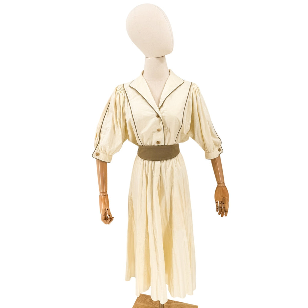 Vintage 80s Albert Capraro Cream Belted A-Line Midi Dress