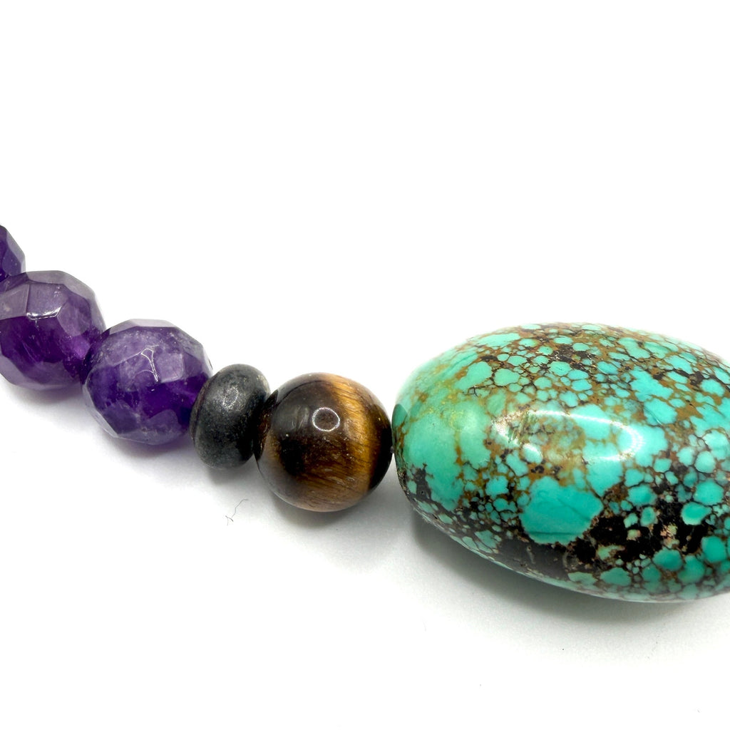 Vintage Y2K Purple Amethyst Turquoise Tiger Eye Boho Statement Bead Necklace