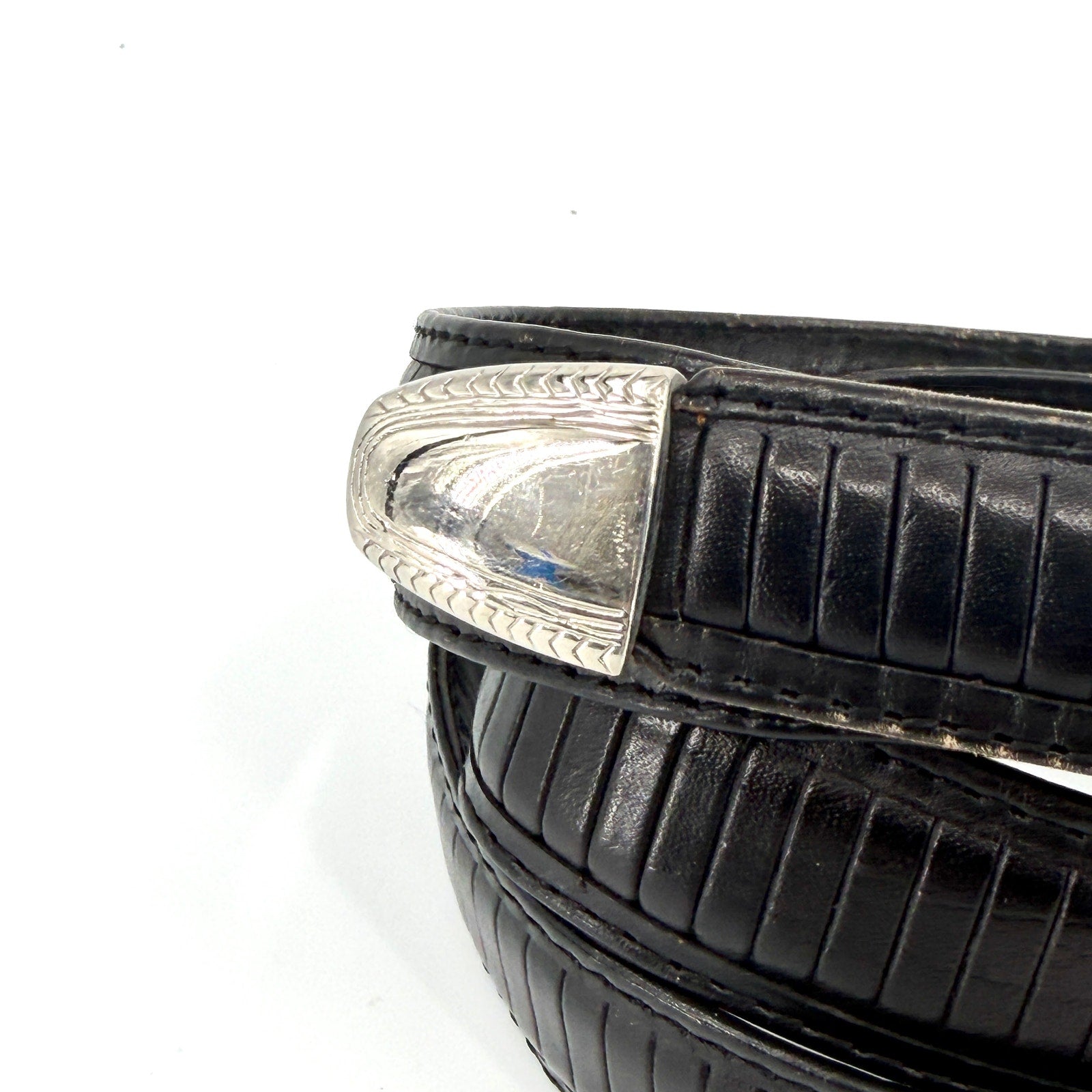 Vintage 90s PGA Tour Black Genuine Leather Western Engraved Silver Tip Belt