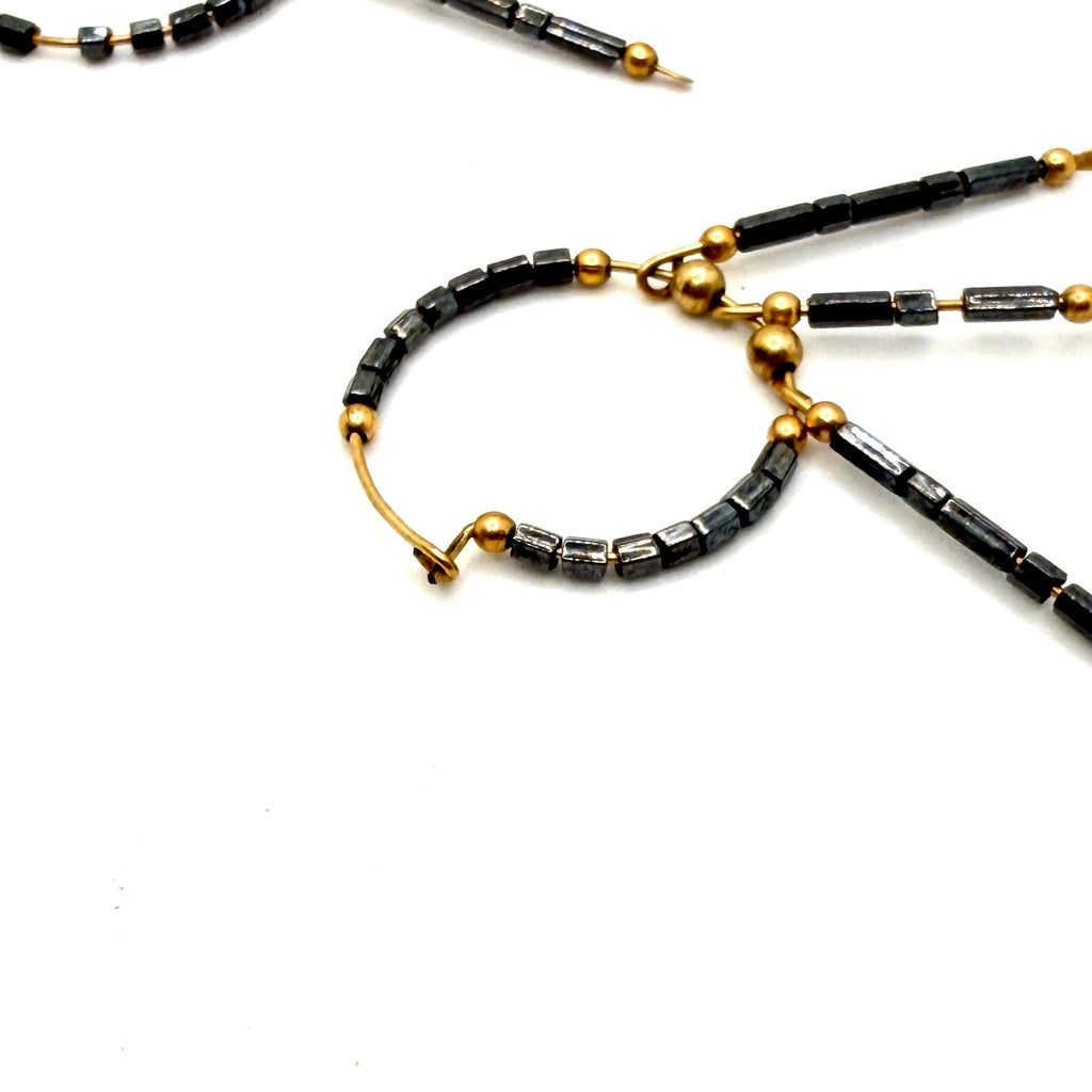 Vintage 90s Hematite Gold Toned Metallic Boho Fringe Hoop Earrings