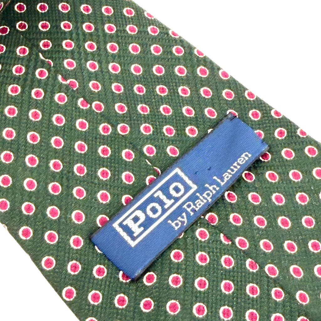 Vintage 90s Polo Ralph Lauren Green Magenta Silk Polka Dot Necktie