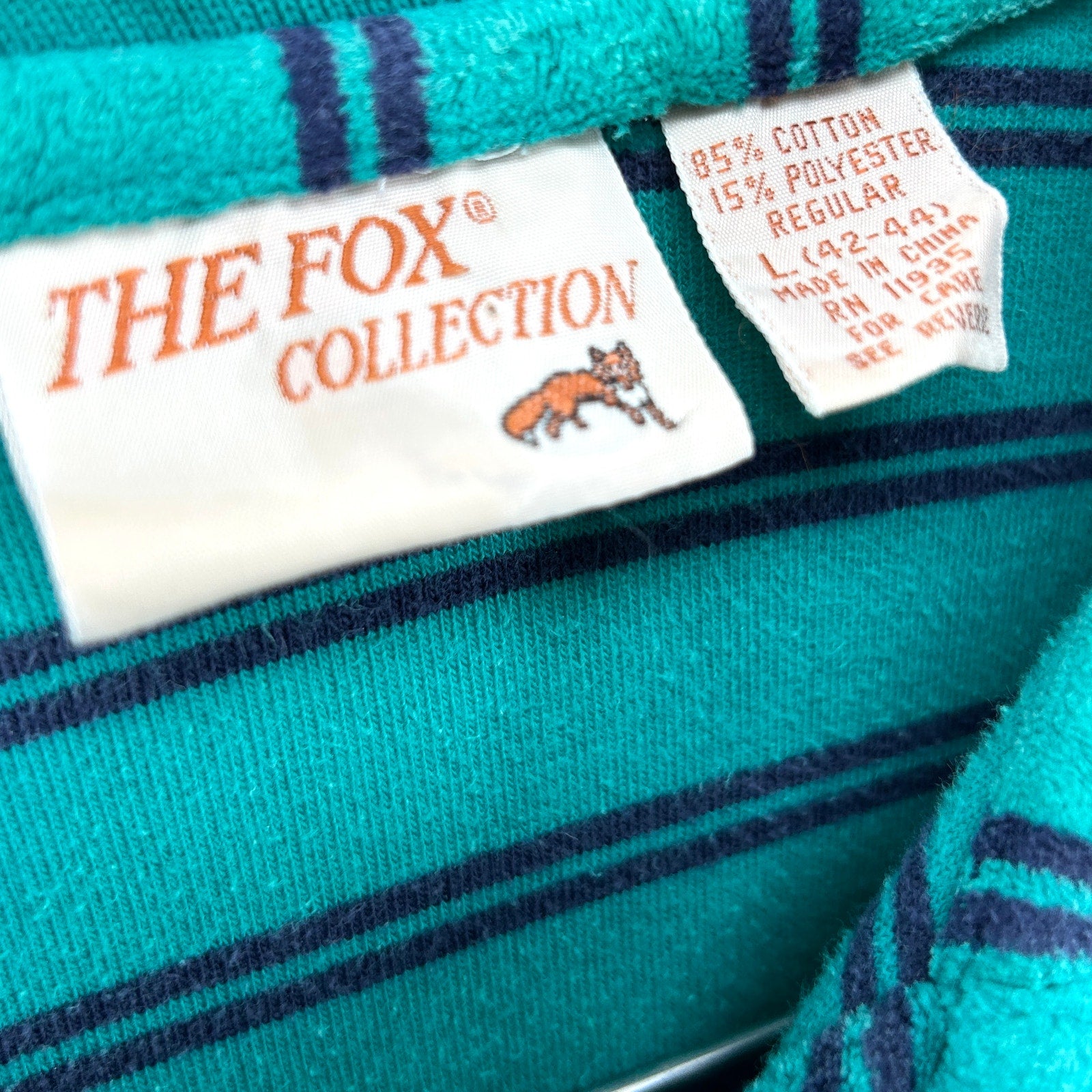 Vintage 80s Fox Collection Teal Navy Striped Velour Polo Shirt