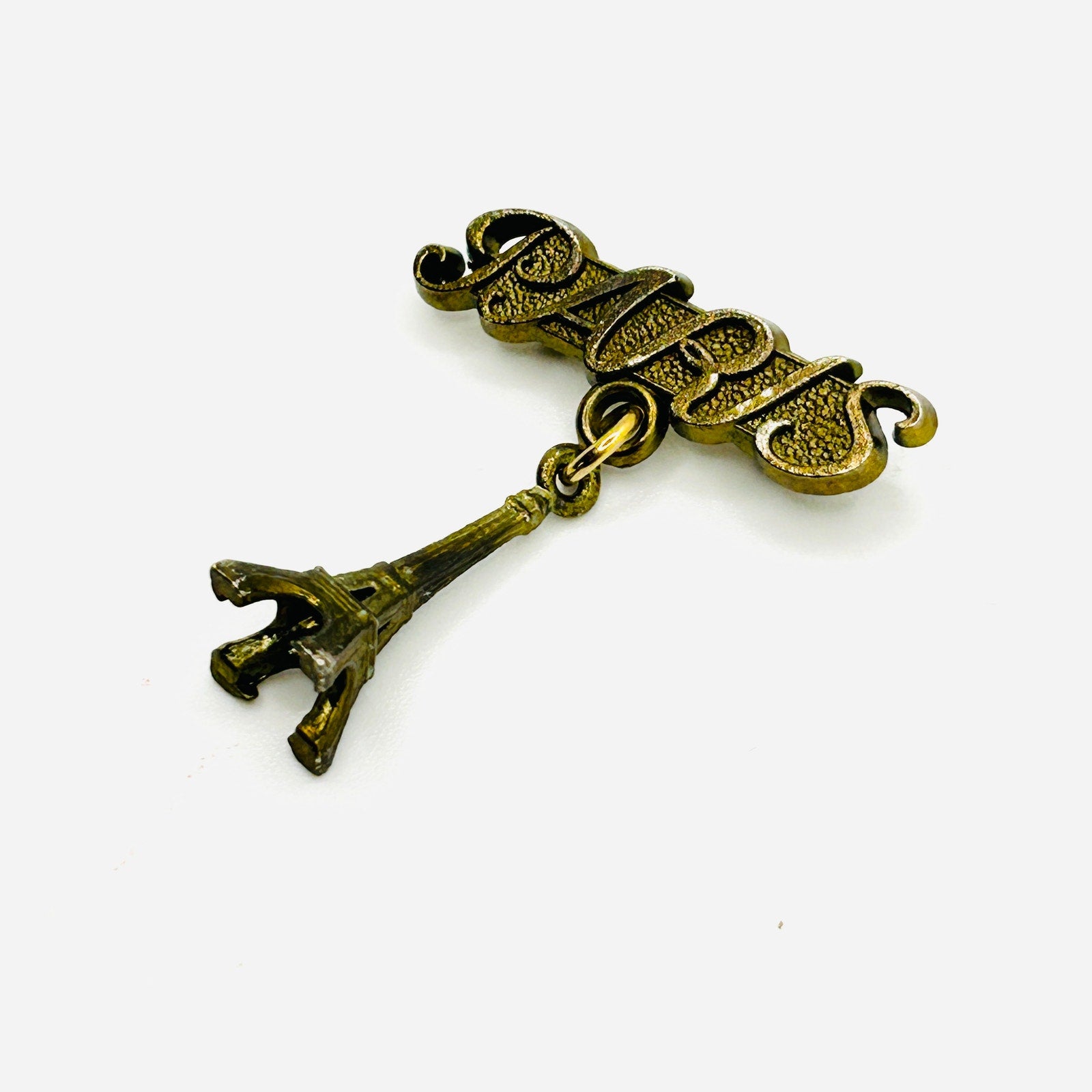 Vintage 60s Paris Eiffel Tower Gold Script Souvenir Brooch Pin
