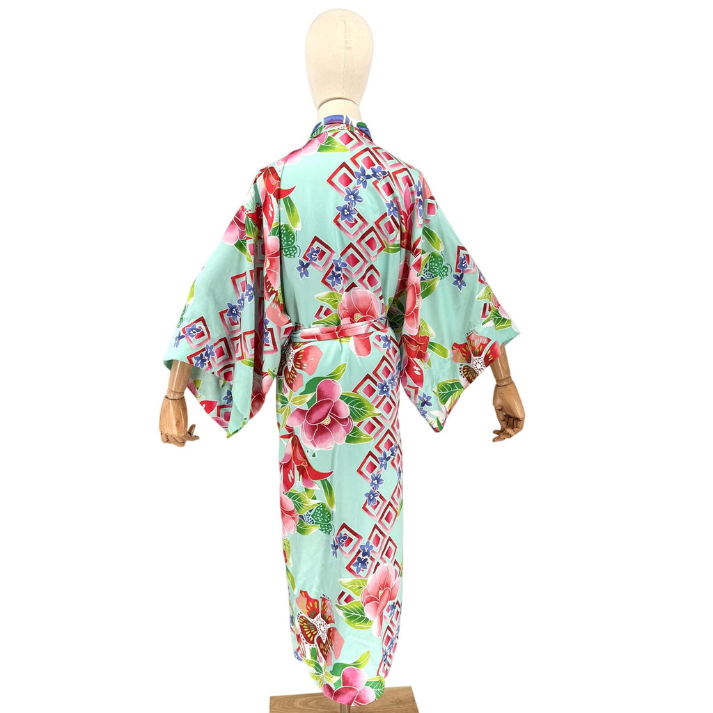 Natori Teal Asian Floral Cherry Blossom Print Pocket Robe Kimono