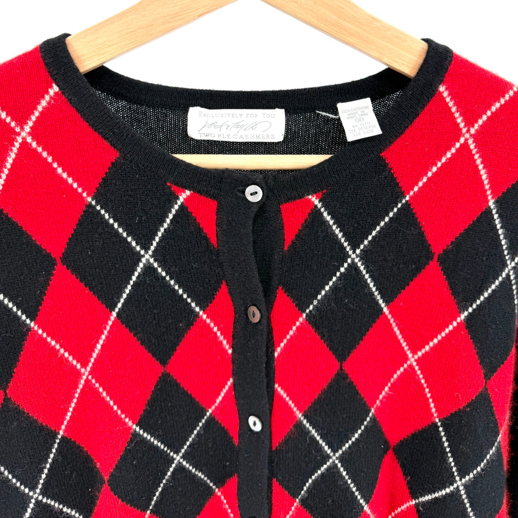 Vintage 90s Lord & Taylor Black Red Argyle 100% Cashmere Cardigan Sweater