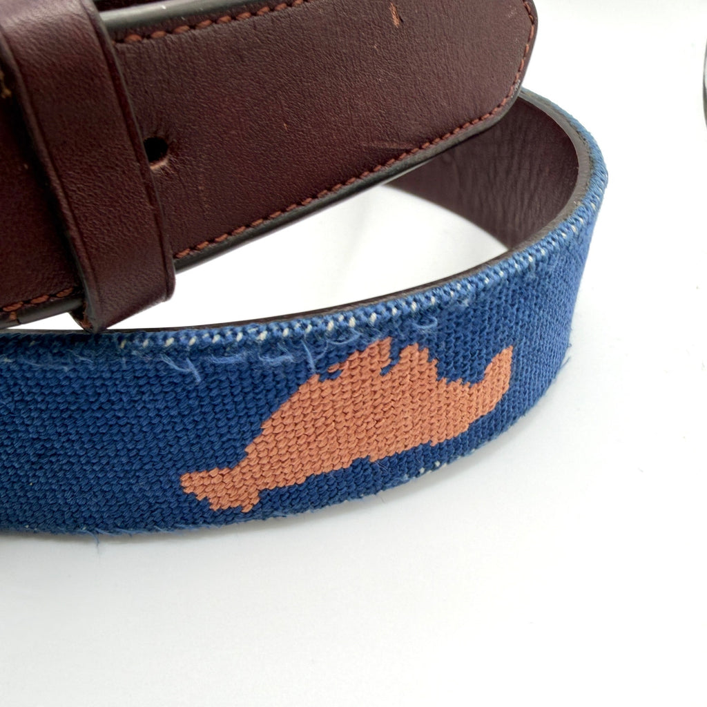Harding Lane Blue Genuine Leather Preppy Marthas Vineyard Needlepoint Belt