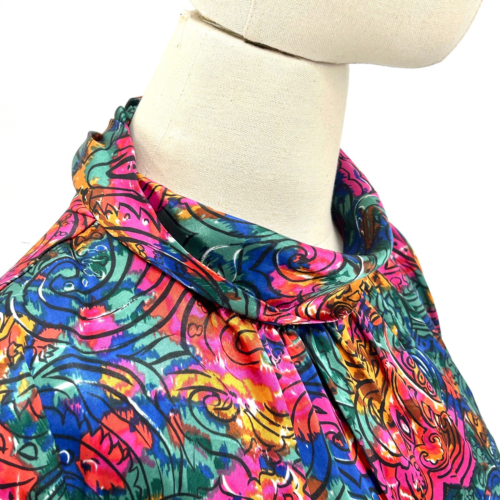 Vintage 80s Marlis Multicolor Abstract Satin High Neck Blouse