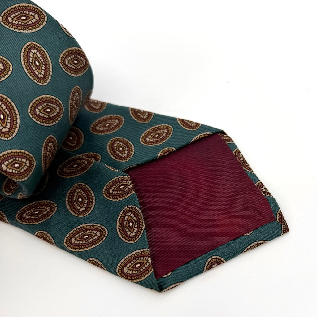 Vintage 90s Halston Blue Green Foulard Geometric Silk Tie