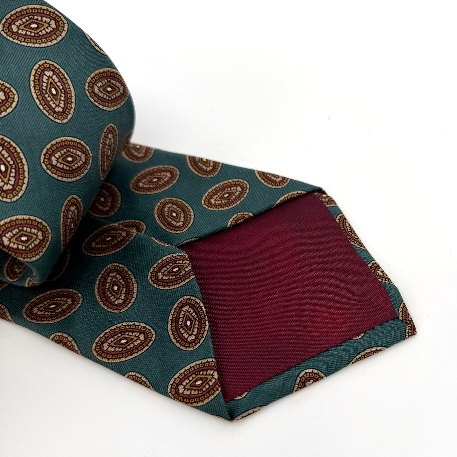 Vintage 90s Halston Blue Green Foulard Geometric Silk Tie