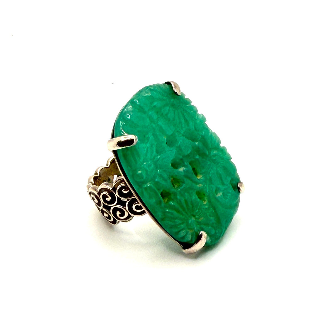 Vintage Y2K Amy Kahn Russell Signed Sterling Silver Carved Jade Statement Ring