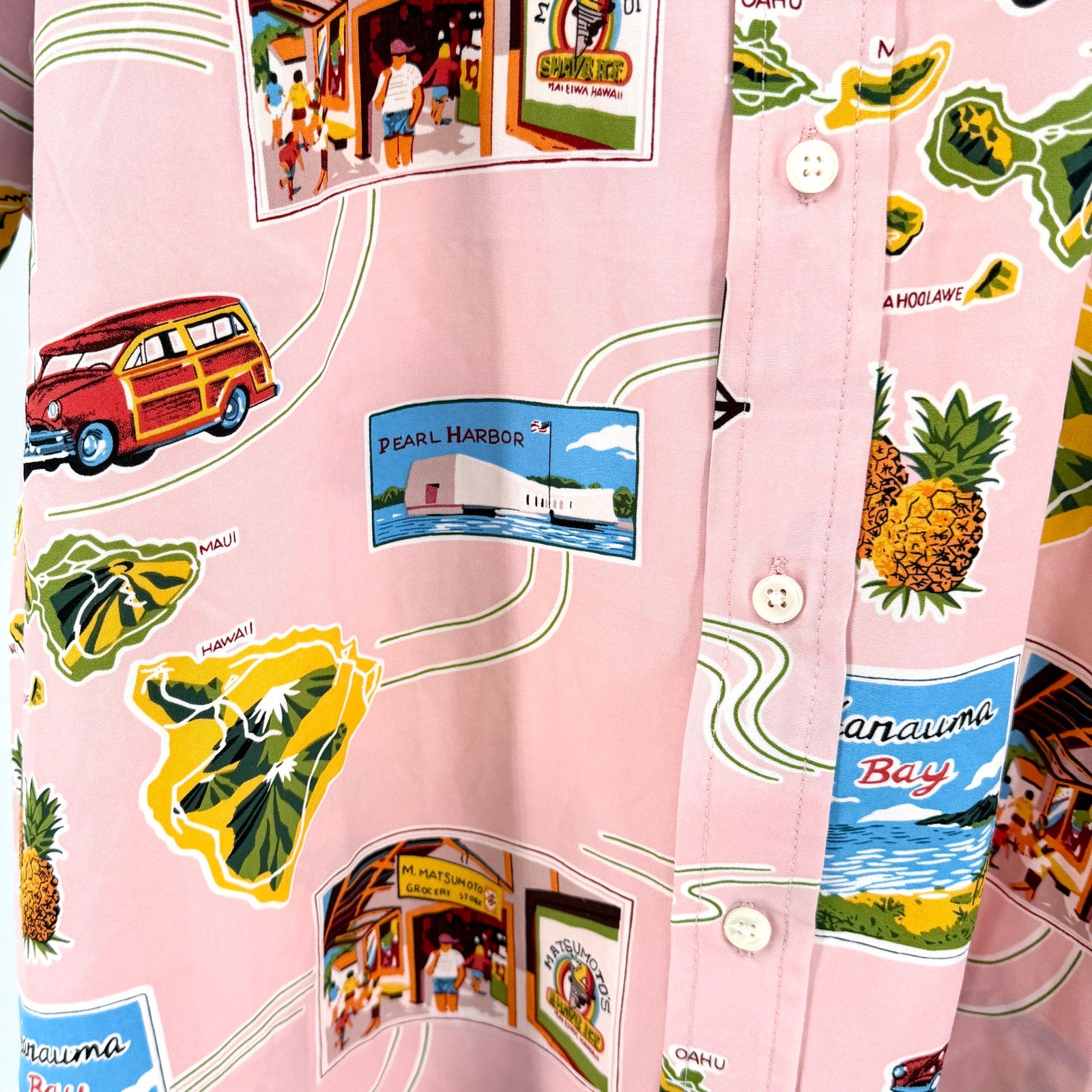 Cotton & Co. Pastel Pink Hawaii Map Souvenir Motif Short Sleeve Button Up Shirt