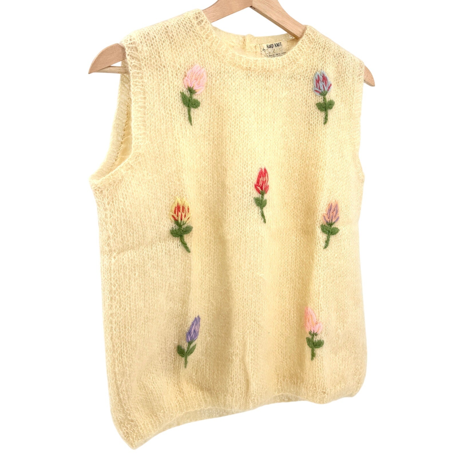 Vintage 70s Cyn Les Cream Floral Hand Knit Sleeveless Mohair Sweater Vest