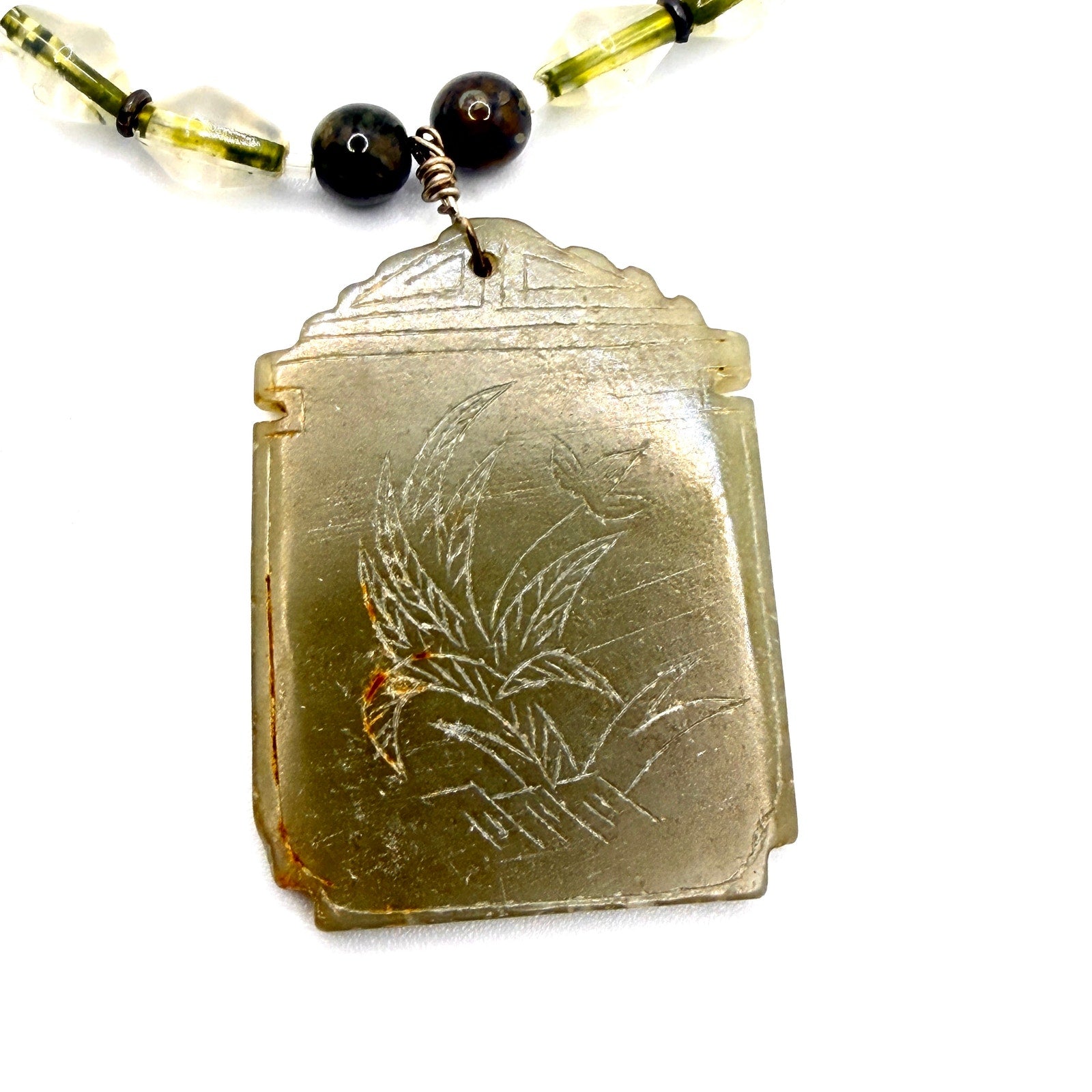 Vintage 90s Chinese Carved Jade Bird Bamboo Etched Calligraphy Pendant Necklace
