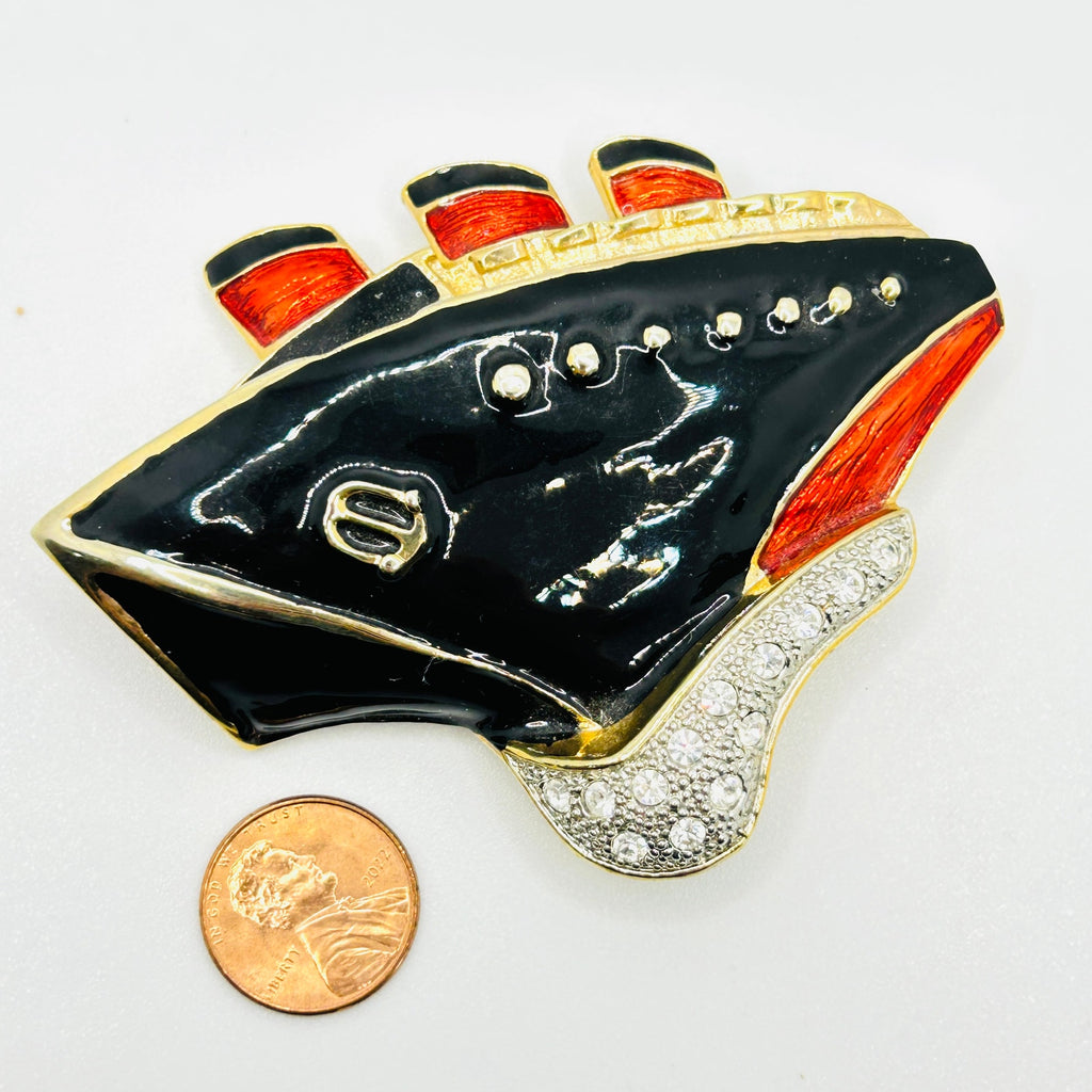 Vintage 80s/90s Gold Enamel Black Red Nautical Rhinestone Cruise Ship Brooch Pin