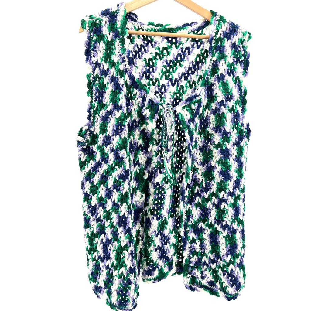 Vintage 70s Green Blue White Acrylic Crochet Vest