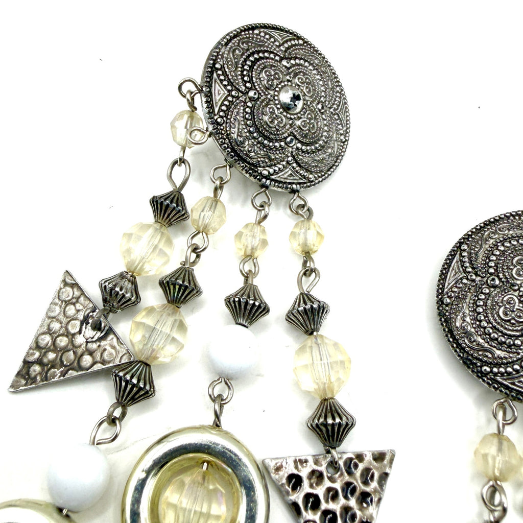 Vintage 80s Silver White Lucite Geometric Chandelier Statement Clip On Earrings
