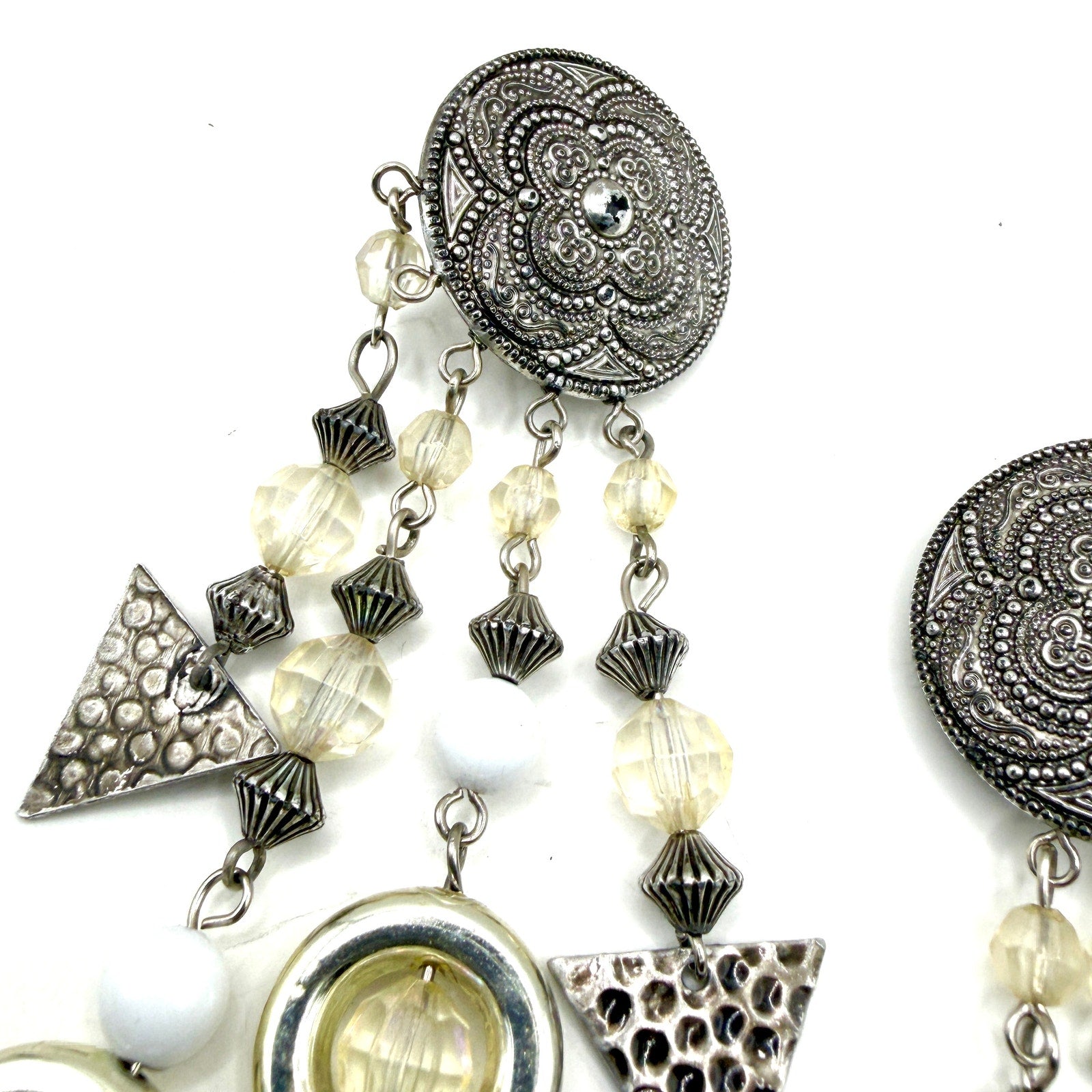 Vintage 80s Silver White Lucite Geometric Chandelier Statement Clip On Earrings