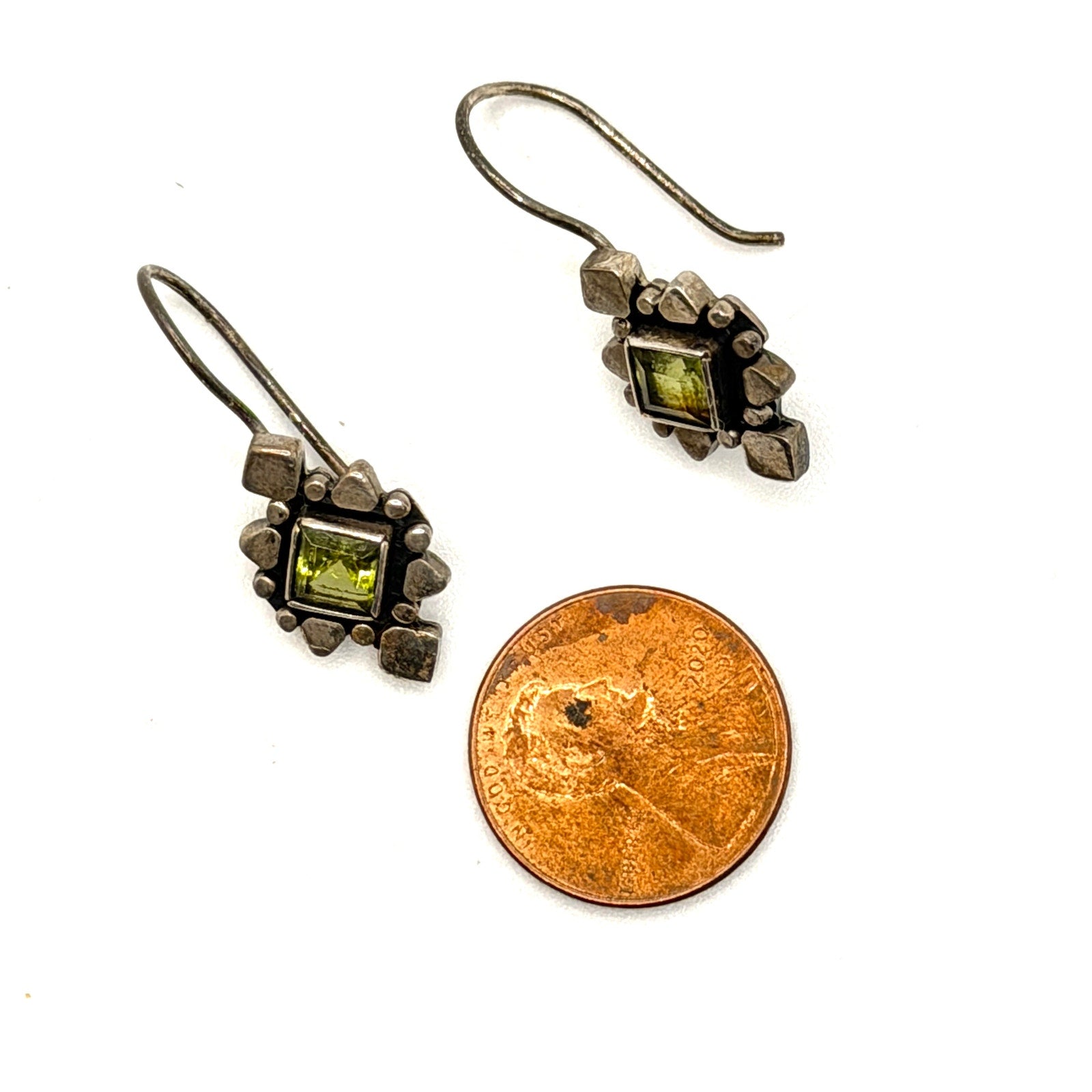 Vintage Signed Artisan 925 Sterling Silver Brutalist Peridot Drop Earrings