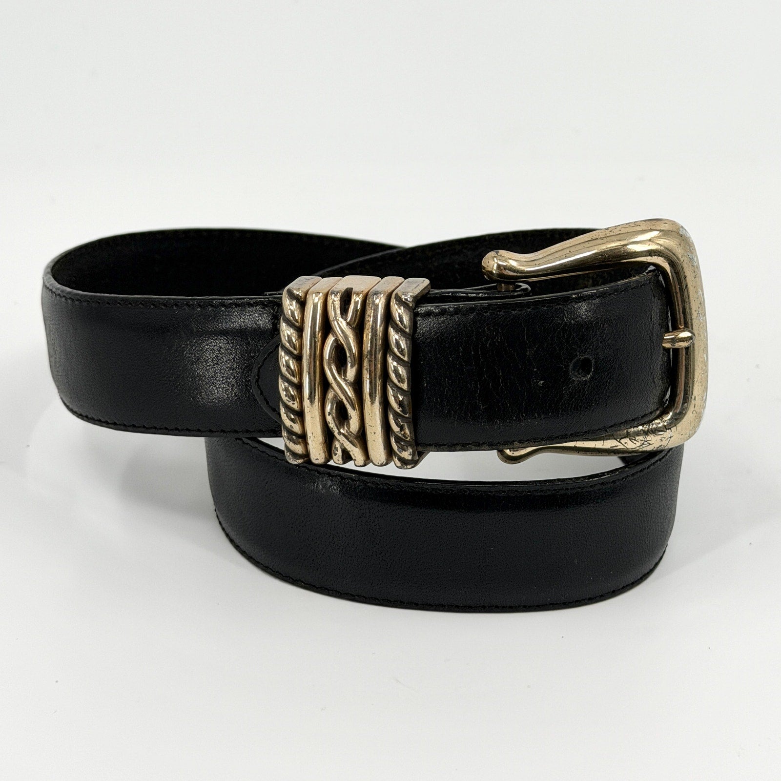 Vintage 90s Brighton Black Genuine Leather Silver Buckle Belt