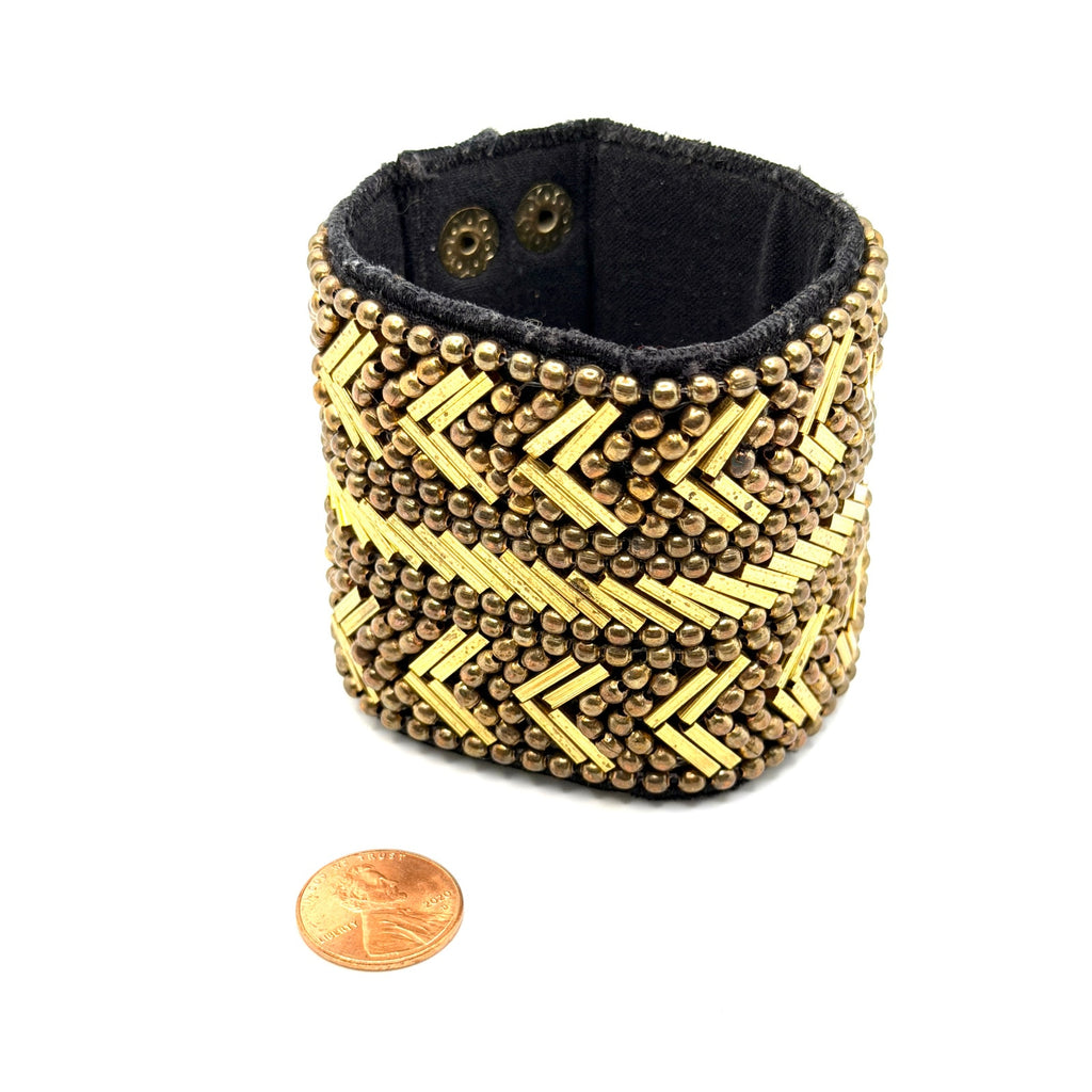 Vintage 90s Gold Tone Beaded Geometric Black Fabric Cuff Bracelet