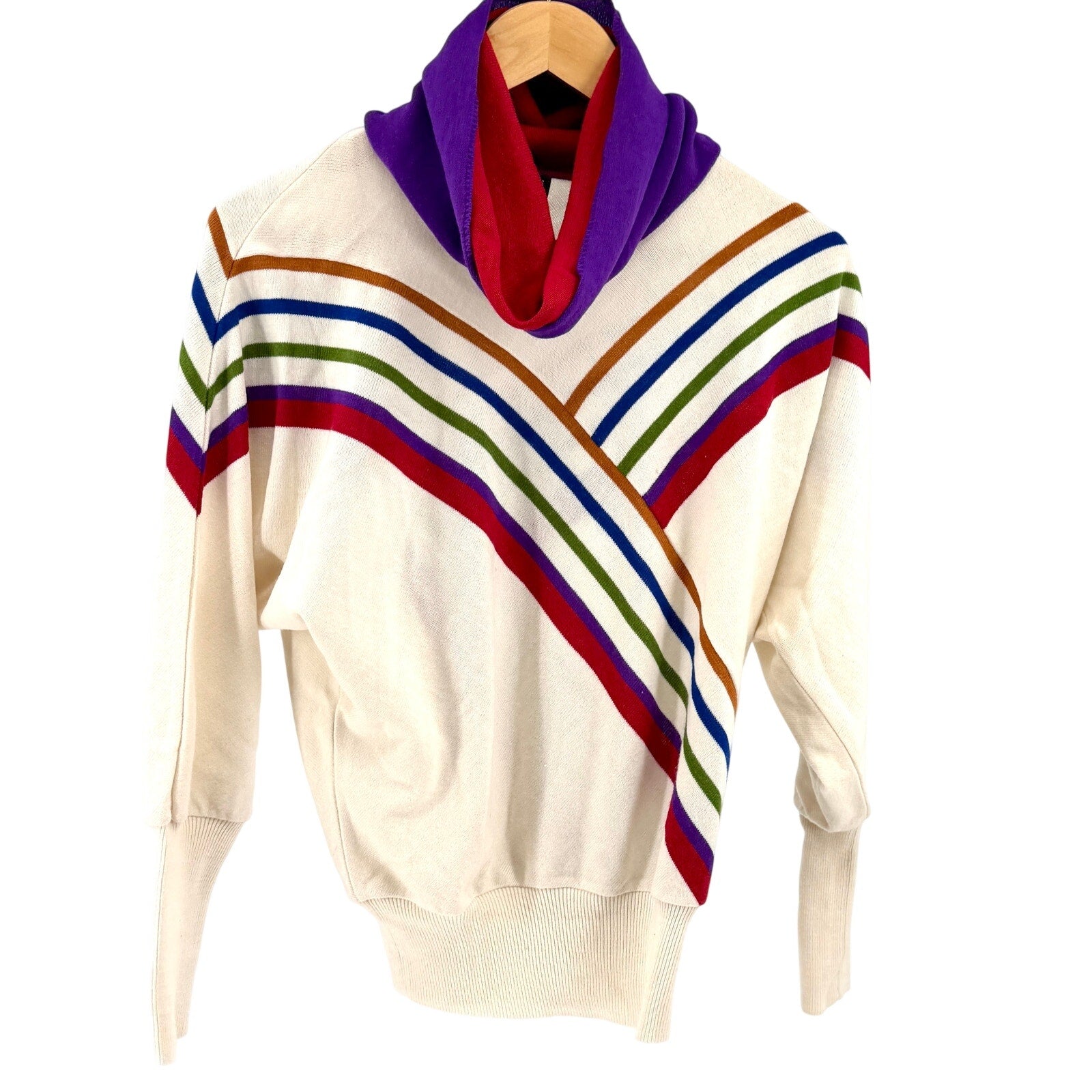 Vintage 80s Escorpion Cream Multi Stripe Graphic Cowl Neck Knit Sweater