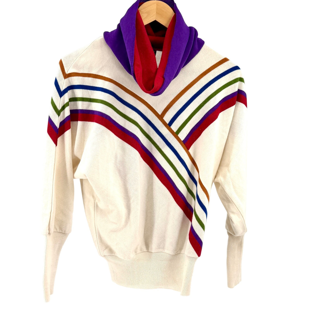 Vintage 80s Escorpion Cream Multi Stripe Graphic Cowl Neck Knit Sweater