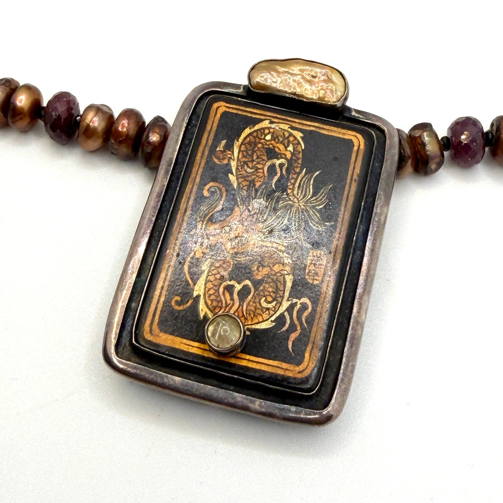 Vintage 90s Amy Kahn Russell Sterling Silver Dragon Pearl Ruby Necklace Pendant