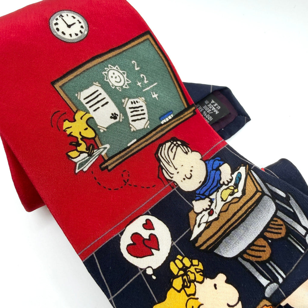 Vintage 90s Peanuts Navy Red 100% Silk School Is Cool Classroom Necktie