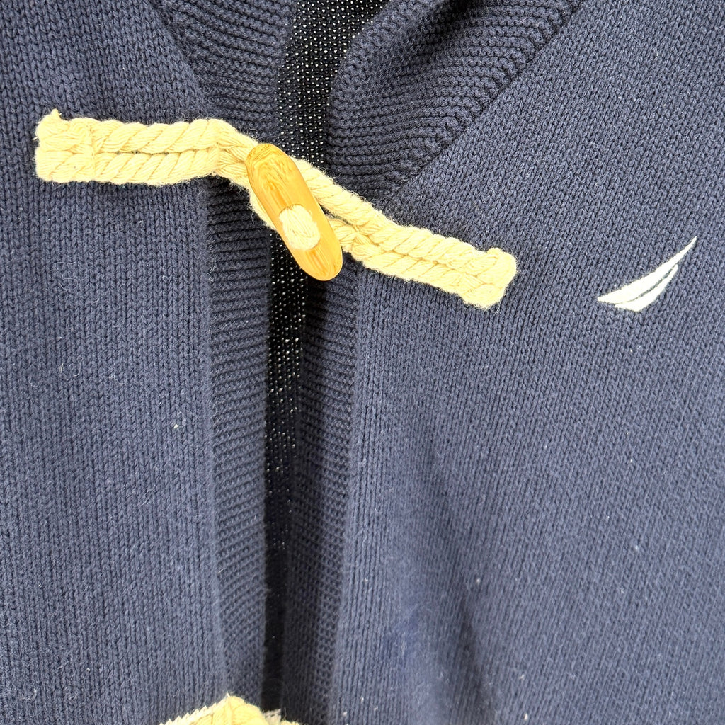 Nautica Navy Blue White 100% Cotton Wood Toggle Shawl Cardigan Sweater