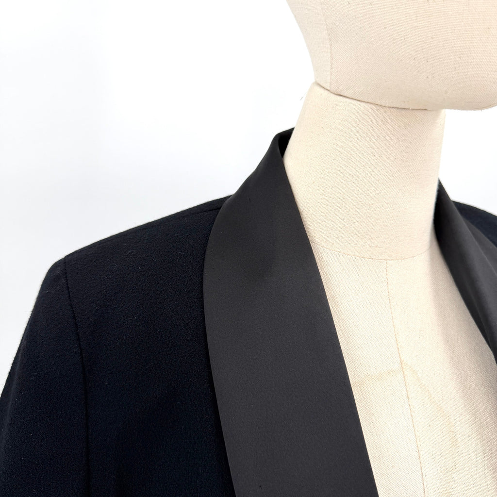 Vintage 80s David Eliot Black 100% Wool Oversized Satin Lapel Tuxedo Blazer