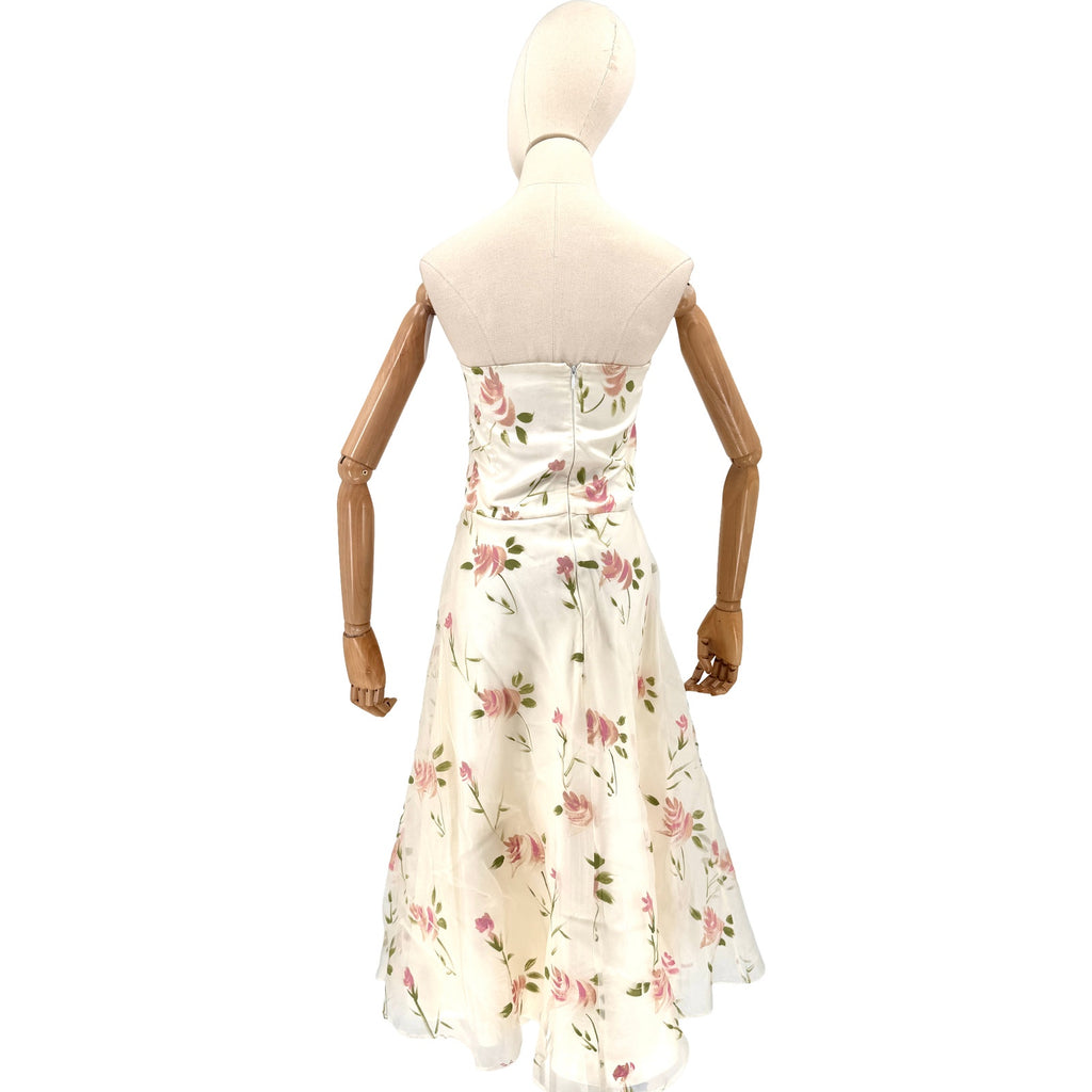 Vintage 90s Helena White 100% Silk Garden Party Handpainted Strapless Dress
