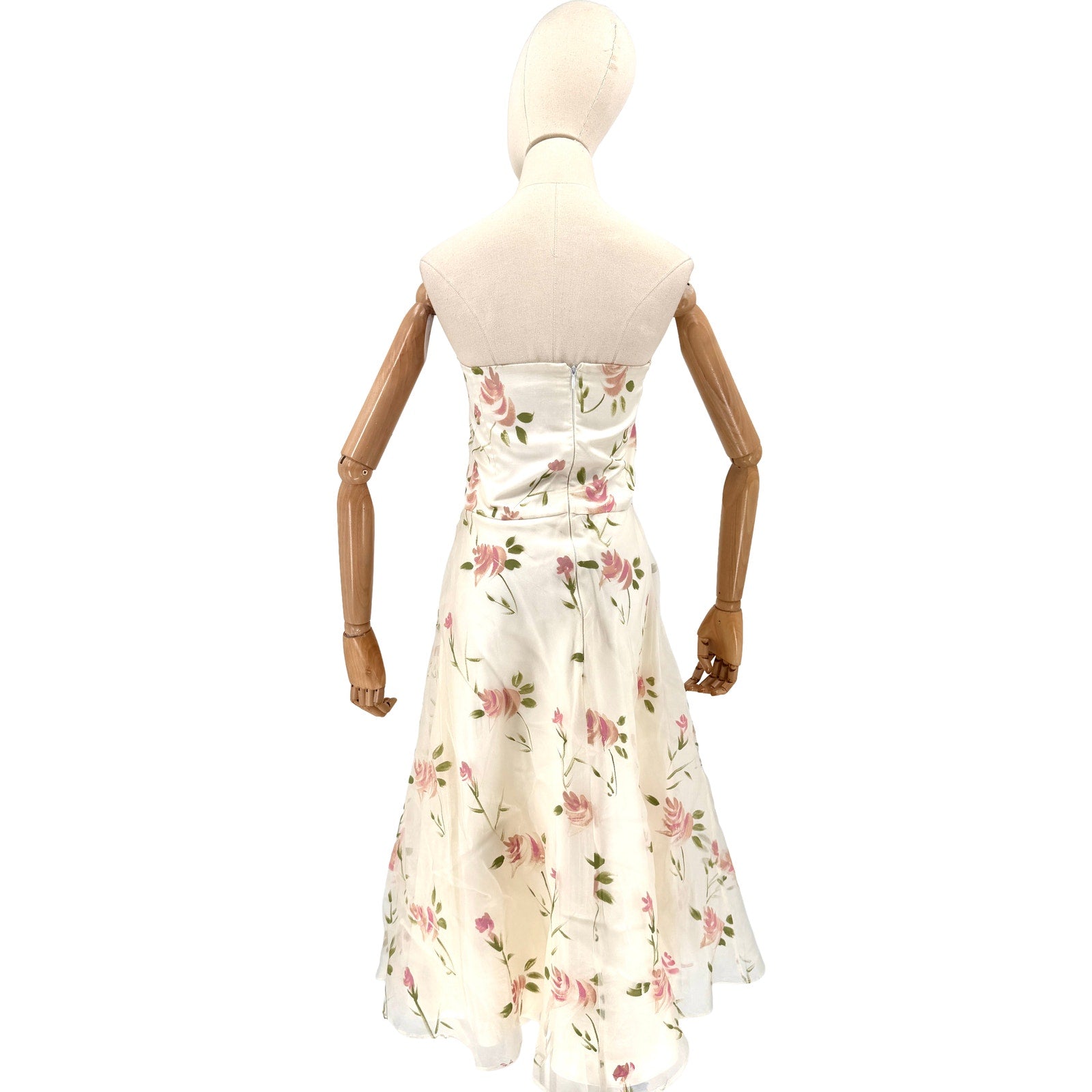 Vintage 90s Helena White 100% Silk Garden Party Handpainted Strapless Dress