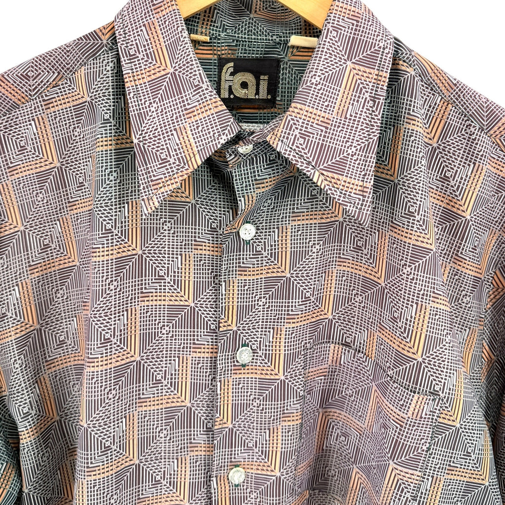 Vintage 70s FAI Polyester Brown Green Gradient Retro Disco Geometric Shirt