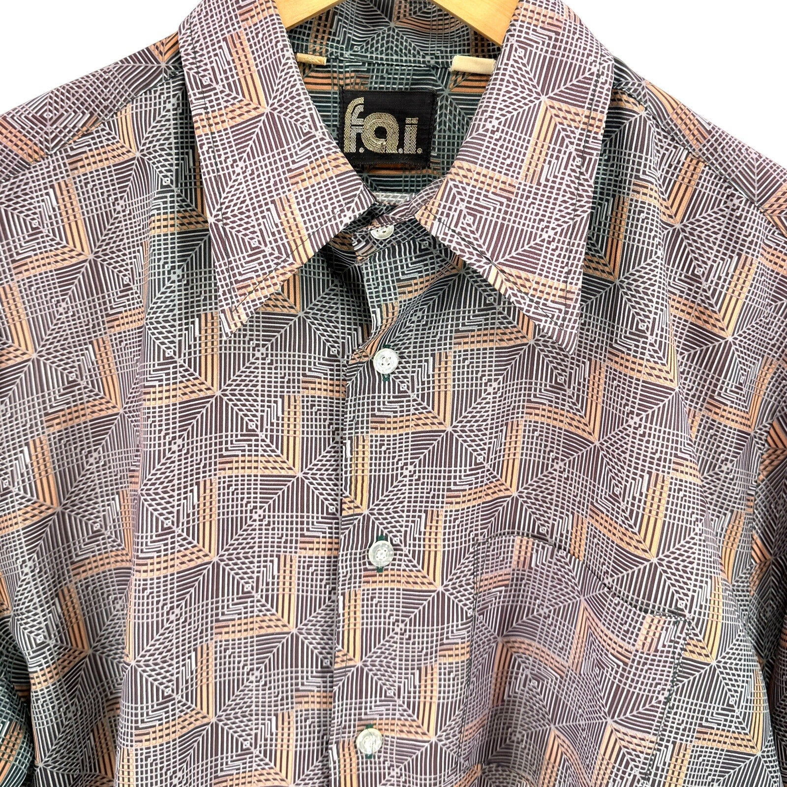 Vintage 70s FAI Polyester Brown Green Gradient Retro Disco Geometric Shirt