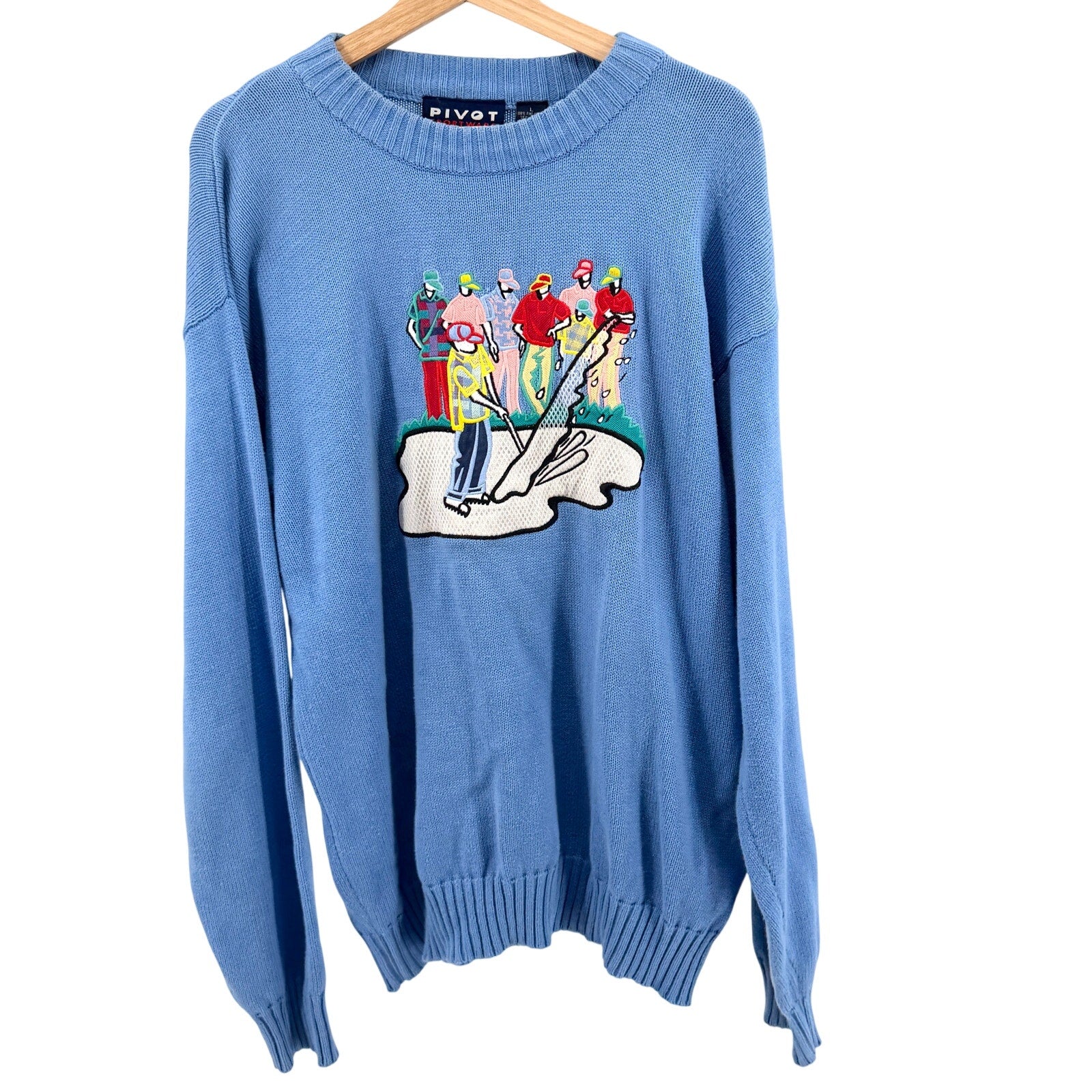 Vintage 90s Pivot Sportware Blue 100% Cotton Novelty Golf Crewneck Sweater