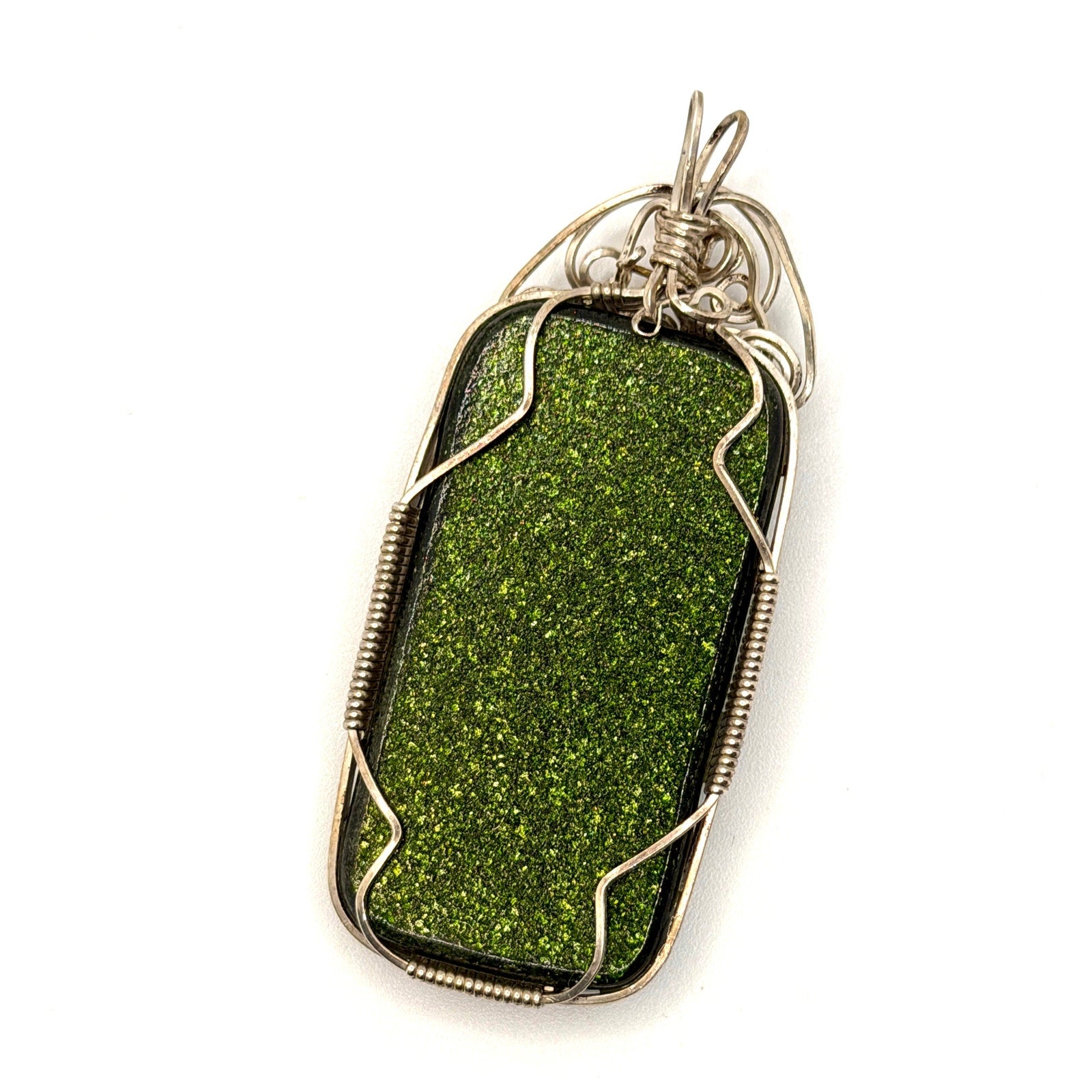 Vintage 90s Green Blue Dichroic Glass Wire Wrapped Statement Pendant
